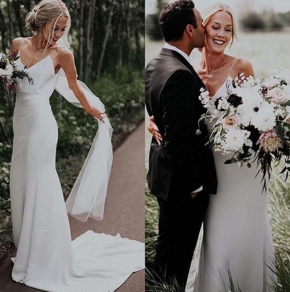 

white spaghetti straps bohemia wedding dresses simple satin mermaid sweep train boho outdoor wedding bridal gowns robes de mariée