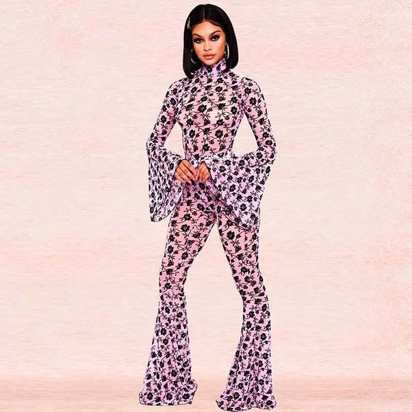 

floral print women two piece set romper long ruffle sleeve full length pants women outwear spring trutleneck party, Black;white