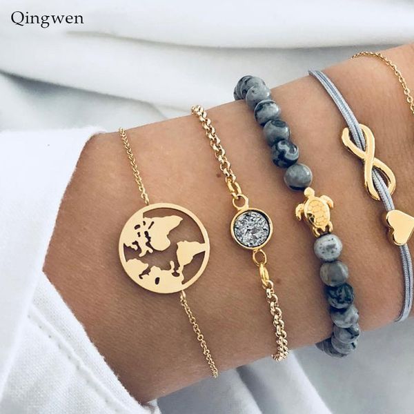 

qingwen 5 pcs/ set punk turtle map heart letter love beads chain multilayer pendant bohemia bracelet set charm girl jewelry gift, Black
