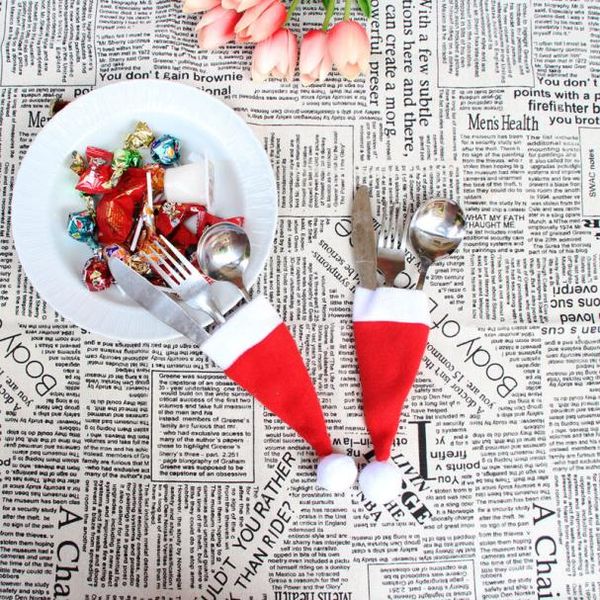 

1/5set christmas decor christmas decorative tableware knife fork set lovely christmas hat storage tool enfeites de natal gifts