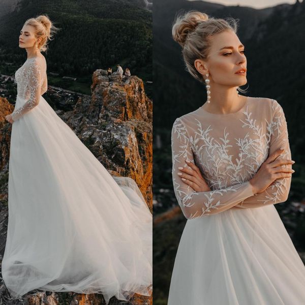 

simply bohemian a line wedding dresses sheer jewel neck long sleeves bridal gowns sweep train lace applique wedding gowns, White