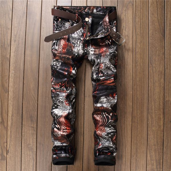

2018 fashion design casual pants black printed men's jeans slim straight denim pants nightclub streetwear rock hip hop stylish, Blue