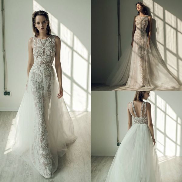 

2019 mermaid wedding dresses jewel neck lace appliqued sweep train country wedding dress custom bridal gowns with train vestidos de novia, White