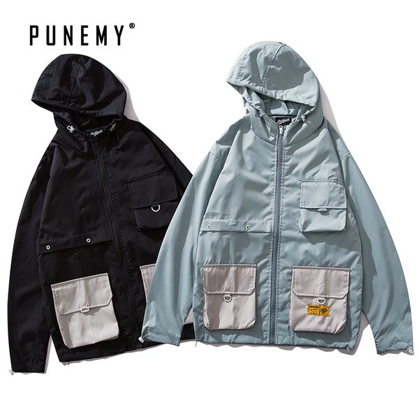 

men jackets coats windbreaks hooded japanese streetwear hip hop harajuku multi-pockets zipper oversize man's cargo jackets coats, Black;brown