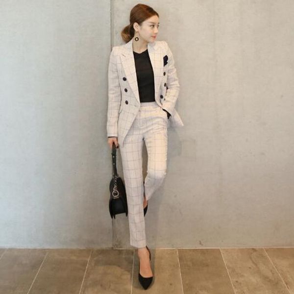

work office pants and jackets 2 pieces women blazer suit 2020 autumn vintage white plaid business formal suits for women dc800, White;black
