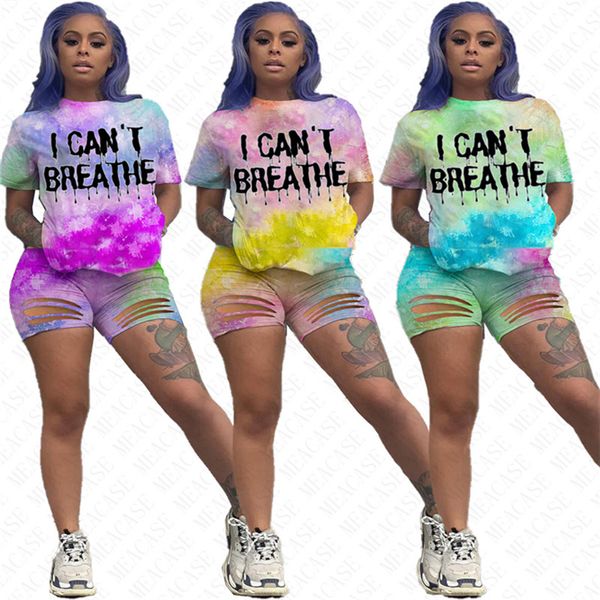 

i cant breathe women suits i can't breathe tie-dye letters tracksuits summer t-shirt ripple holes shorts two piece sets outfits d61707, White