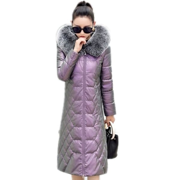 

winter new high-end leather down jacket coat women long slim fashion fur collar thicken duck down warm hooded jackets g925, Black