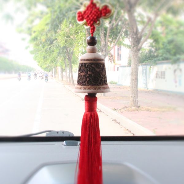 

car styling wooden cute car rear view mirror ornaments wood carved bell to ward off bad luck be safe hanging accessories