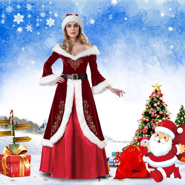 

sfit christmas mrs santa claus costume women red velvet lady santa christmas fancy dress for xmas party outfit 2019, Black;blue