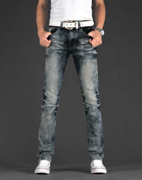 

spring jeans men's straight stretch slim casual long youth snow wash, Blue