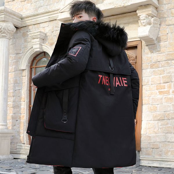 

uyuk2019 winter new loose fashion temperament casual trend thickened long cotton jacket with hat and collar for men clothes, Black