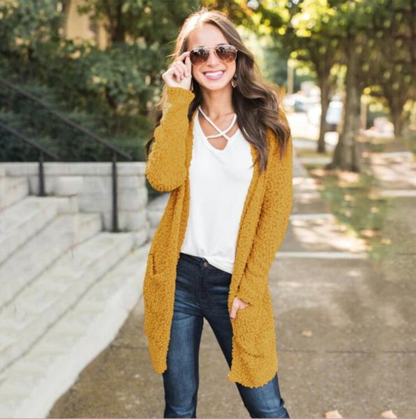 

fashion long-sleeved v-neck knitwear pocket cardigan coat women 2019 multi-color large size medium length sweater coat, White;black