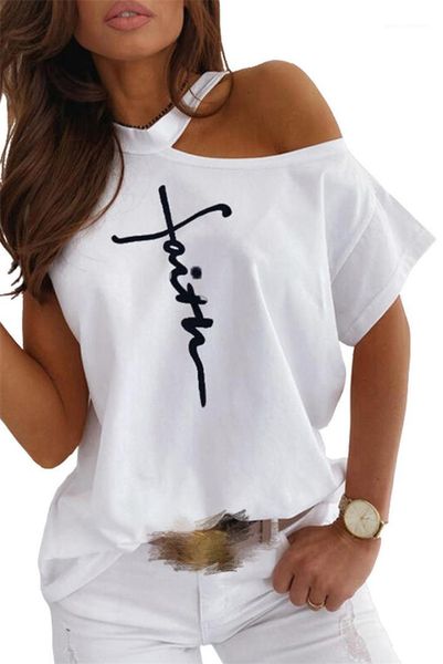 

new style t-shirts fashion letter pattern natural color t-shirts casual off-the-shoulder short sleeve tees summer womens, White