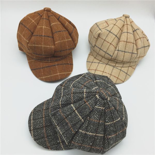 

женщины плед шерсть войлок бейкер мальчик шляпа дамы и девушки черные чеки восьмиугольные шляпы женский бежевый газетчик шляпы теплая зима, Blue;gray