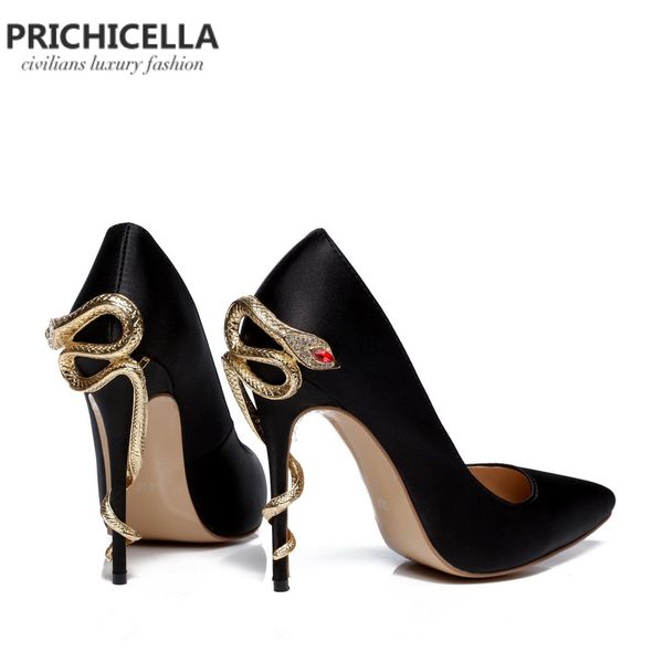 

prichicella satin gold mental snake heel dress shoe unique genuine leather pointed toe high heeled pumps t200525, Black