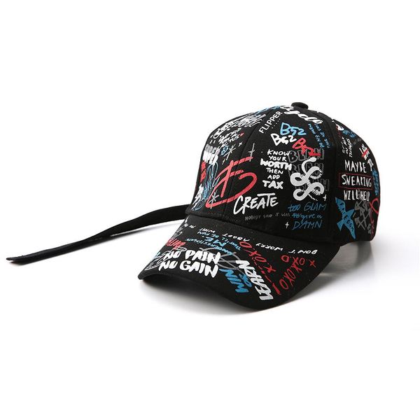 2021 Missky Unisex Mulheres Homens Cap Ajustável Preto Black Color Impressão Graffiti All-Matching Baseball Caps para Masculino Feminino