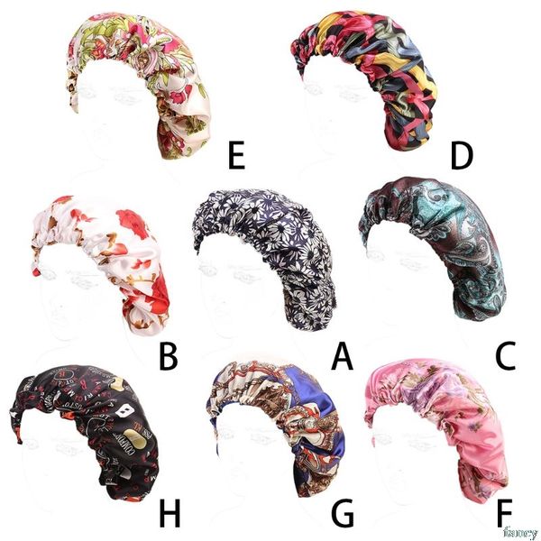 

womens faux silk satin bonnet sleep cap extra large double layer floral printed head covering reversible adjustable hair loose, Blue;gray