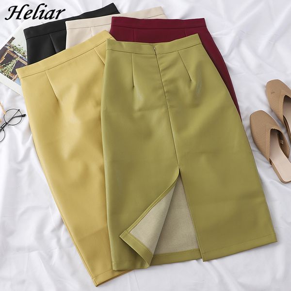 

heliar pu leather solid split high waist straight highstreet 2020 spring midi skirts women v200408, Black