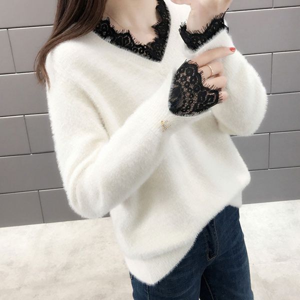 

black lace women hollow sweaters long sleeve pullover sweater ladies v neck jumper hollow out knitwear white blue, White;black
