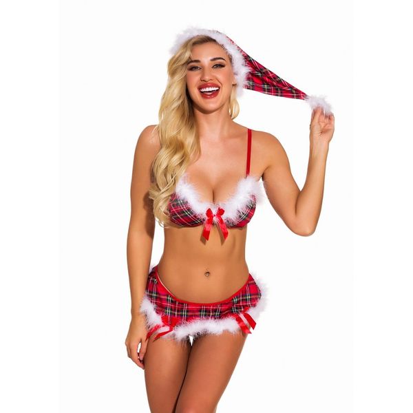 Damen-Set mit Weihnachtsmütze, BH und Höschen, rot kariert, sexy, verführerischer Bikini, Badeanzug, Kostüm, Dessous mit weißem Fuzzy-Besatz und Satinschleifen, Cosplay