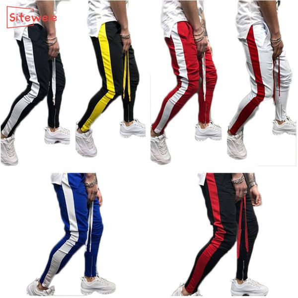 

siteweie fashion mens slim fit sweatpants drawstring striped track pantsjogging pant sports hip hop trousers casual pants g174, Black
