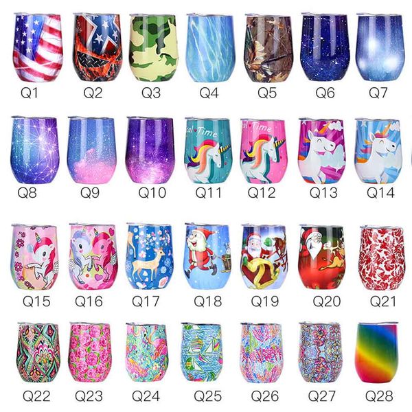 

12oz printed stemless wine glass egg cups with lid vacuum tumbler horse christmas stars camouflage flower sports water coffee mug cups 077