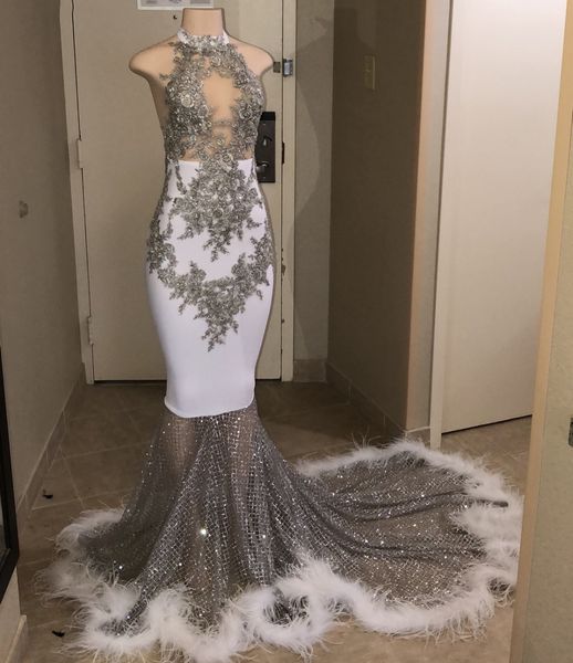 

2019 Sexy Silver Feather Mermaid Prom Dresses See Through Lace Beads Feathers Formal Evening Party Gowns Vestidos de fiesta Prom Gowns