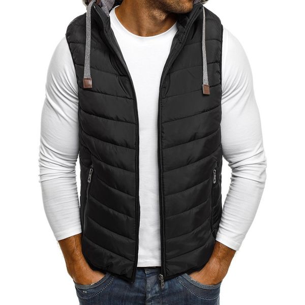 

m 2019 autumn winter men's stylish padded body warmer vest hooded down vest sleeveless jacket zipper slim coat down jacket, Black
