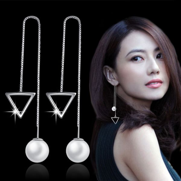 

sexemara 925 sterling silver brand fashion long tassel imitation pearl triangle square pendant ear line dangle earrings