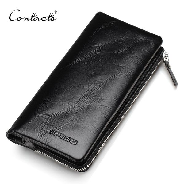 

contact's 2019 new classical genuine leather wallets vintage style men wallet fashion brand purse card holder long clutch wallet, Red;black