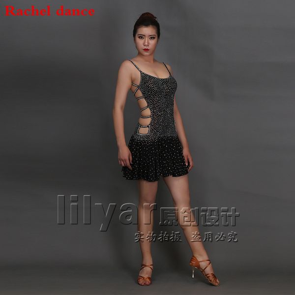 

2017 diamond latin dance dress girl harness style back-opening sleeveless samba ballroom tango dance clothing latin dress, Black;red