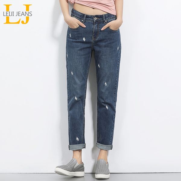 

2018 leijijeans spring and summer plus size lightening printed mid waist full length fashion loose denim boyfriend women jeans, Blue
