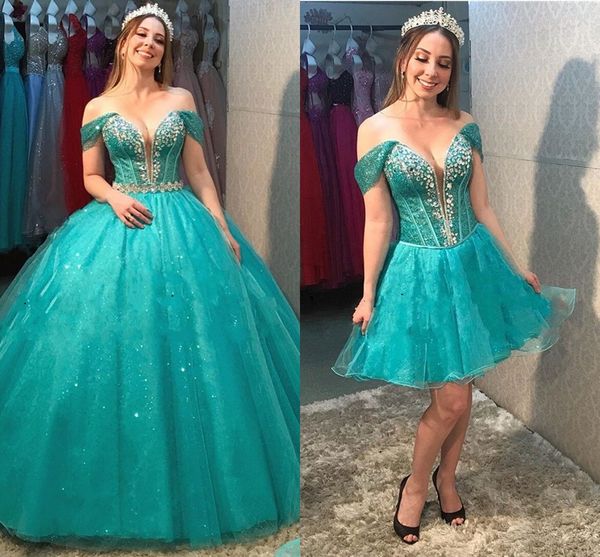 2020 Kaldır Balo Etek Quinceanera Mezuniyet Elbiseleri Glitter Turkuaz Tül Kristal Boncuklu Off Omuz Prom Sweet 16 Giydirme Parti