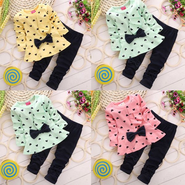 

clothing sets autumn winter born baby girl clothes long sleeve heart printed bow + pants 2pcs outfits 2-5y, White