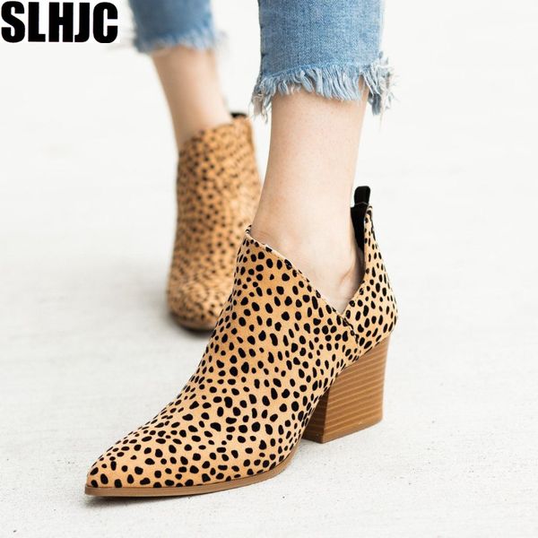 

slhjc 2019 autumn leather boots retro stylish leopard boot high heel pointed toe side v slit plus size pumps shoes, Black