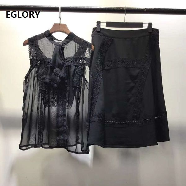 

designer skirt suit 2020 summer women lace patchwork black blouses+knee-length skirt sets & suits 2 piece, White