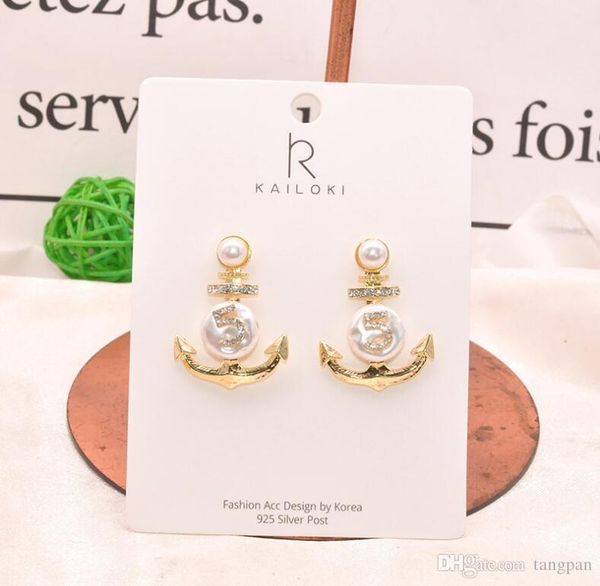 

s925 silver pin retro sense irregular irregular pearl diamond anchor shape earrings atmospheric digital rhinestone earrings, Gray