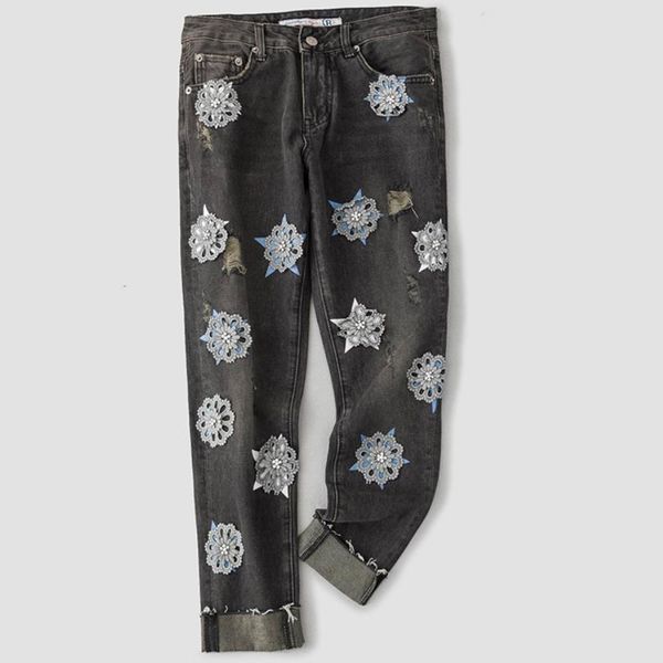 

gray three-dimensional flower jeans women ripped printed loose retro ankle length high waist harem pants, Blue