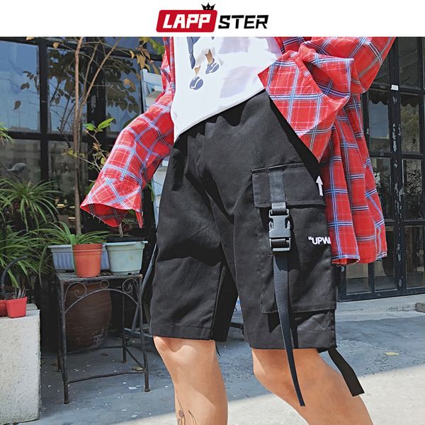 

lappster men sweat shorts summer ribbons pockets 2019 streetwear black cotton cargo joggers shorts mens korean fashions, White;black