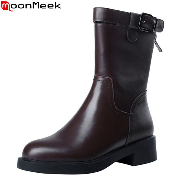 

moonmeek 2020 new ankle boots for women round toe zip genuine leather boots comfortable autumn winter womens, Black