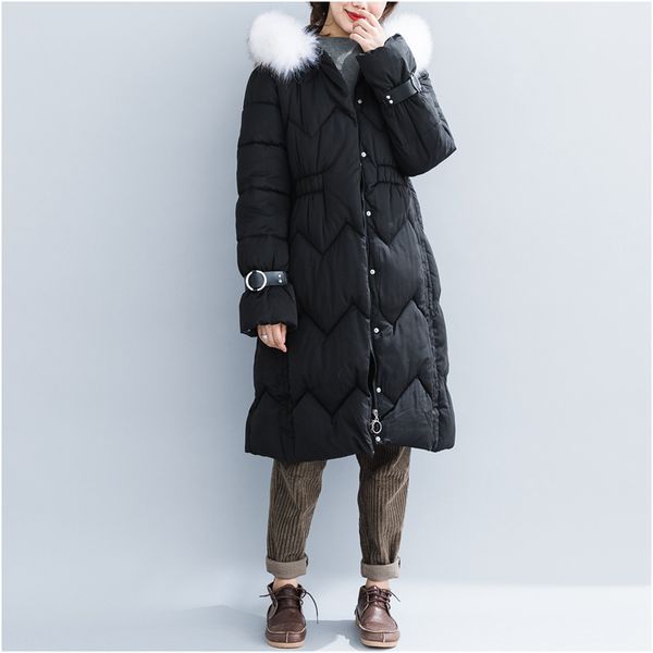 

johnature office lady winter long coat women clothes 2019 new leisure hooded thickened loose solid color womens korean parka, Black