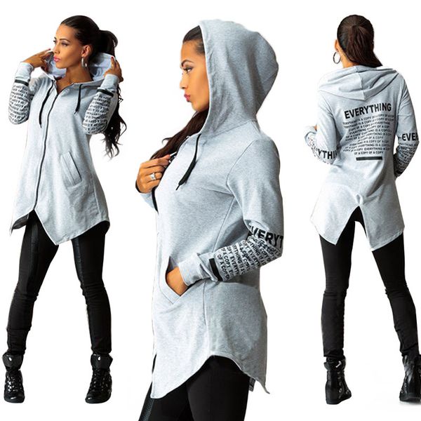 

womens designer season long graffiti letter printing large size sweater zipper hooded jacket, Black