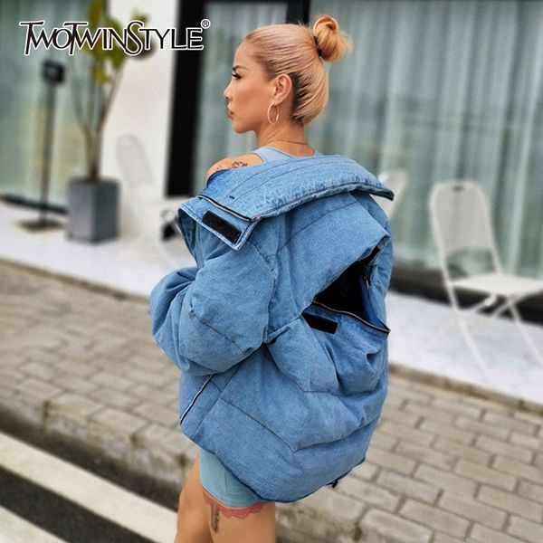 

twotwinstyle casual blue hollow out cotton coat women lapel collar long sleeve warm thick autumn parkas female fashion 2019 tide, Black