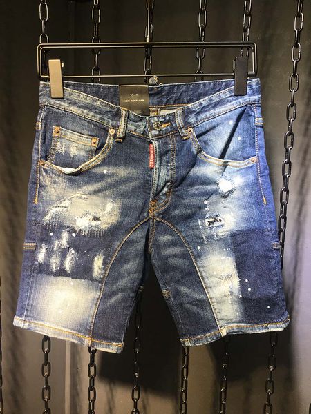 

lacquer point europe and the united states heavy holes messy line denim shorts men five points pants tide brand men's breeches thin sec, Blue