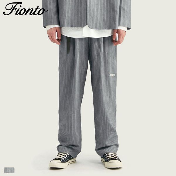 

fionto men's 2019 new personality waist bandwidth loose straight men's vertical stripes casual trousers, Black