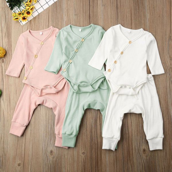 

0-18m solid clothing newborn kid baby boy girl clothes comfy jumpsuit romper long pants outfit set, White