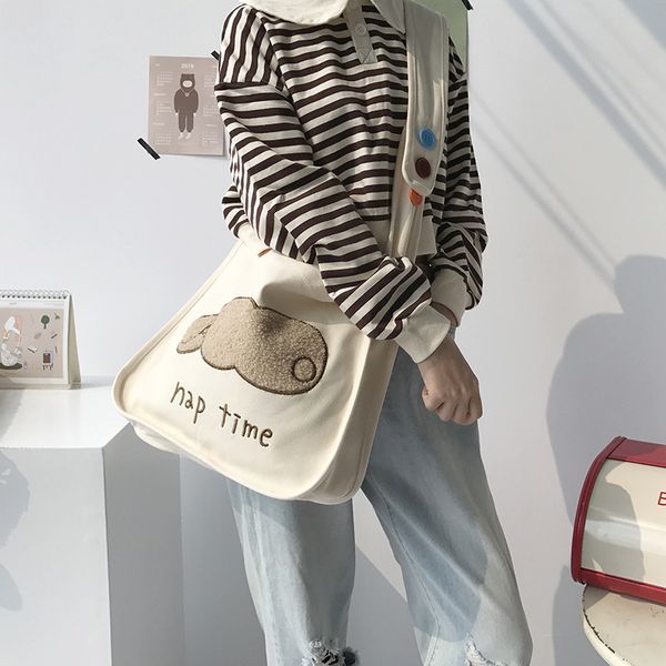 

b020116 cute plush patched single shoulder bag for gils students large capacity women casual canvas bag
