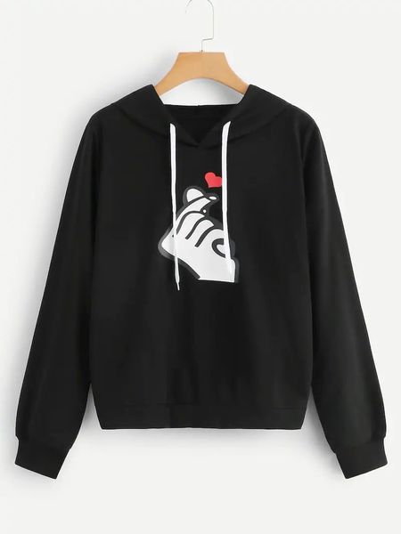 

женская толстовки повседневная зима осень сгущает harajuku жест печати женщины толстовки черный толстовка sudaderas mujer с длинным рукавом, Black