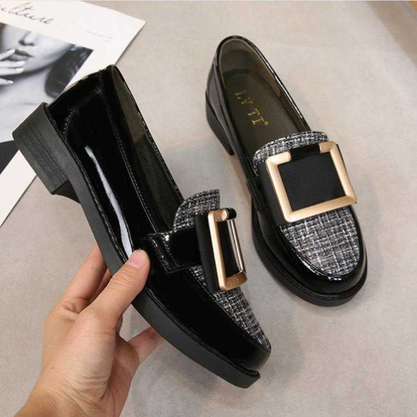 

plaid cloth patchwork oxford shoes women new designer square buckle japanned leather brogues 41-43 big size loafers for women, Black