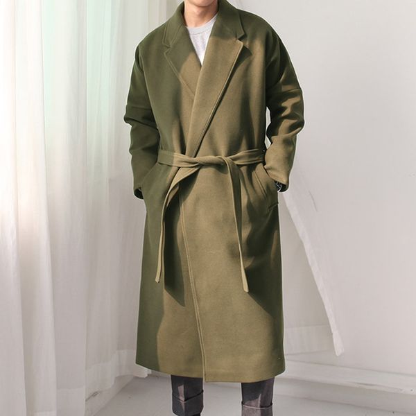

woolen overcoat with belt loose fit man long coat trench wool manteau homme long army green black nayv wine red mantel wolle